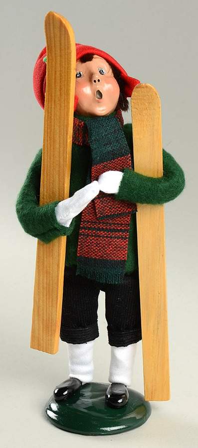 Winter Outdoor Activities Boy With Skis-Green Sweater-Red Hat - No Box by Byers' Choice Ltd-1