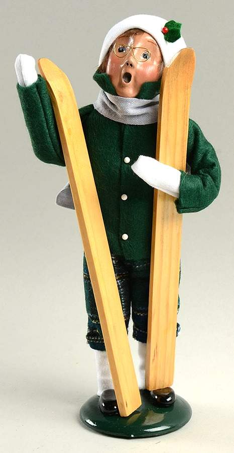 Winter Outdoor Activities Boy With Skis-Green Plaid Pants-Eyeglass - No Box by Byers' Choice Ltd-1