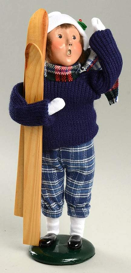 Winter Outdoor Activities Boy With Skis-Blue Plaid Pants-Blue Swea - No Box by Byers' Choice Ltd-1
