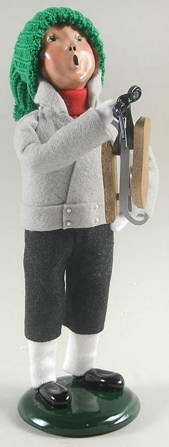 Winter Outdoor Activities Boy With Skates-Grey Coat-Green Cap - No Box by Byers' Choice Ltd-1