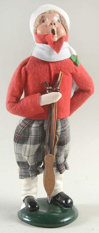 Winter Outdoor Activities Boy With Skates-Plaid Pants-Red Coat - No Box by Byers' Choice Ltd-1