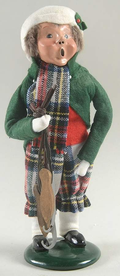 Winter Outdoor Activities Boy With Skates-Plaid Pants-Green Coat - No Box by Byers' Choice Ltd-1