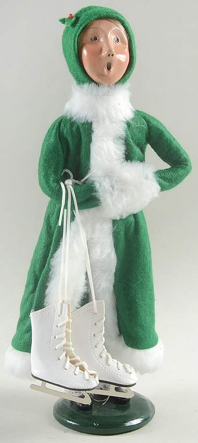 Winter Outdoor Activities Woman With Skates-Green Coat - No Box by Byers' Choice Ltd-1