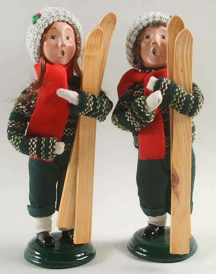 Winter Outdoor Activities Boy & Girl Pair With Skis-Green Pants - No Box by Byers' Choice Ltd-1