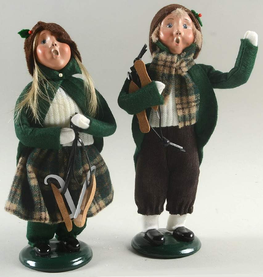 Winter Outdoor Activities Boy & Girl With Skates-Brown Hats - No Box by Byers' Choice Ltd-1