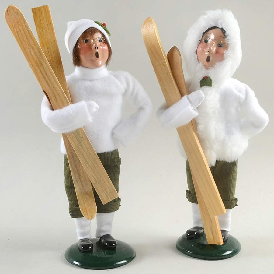 Winter Outdoor Activities Boy & Girl Pair With Skis-White Tops - No Box by Byers' Choice Ltd-1