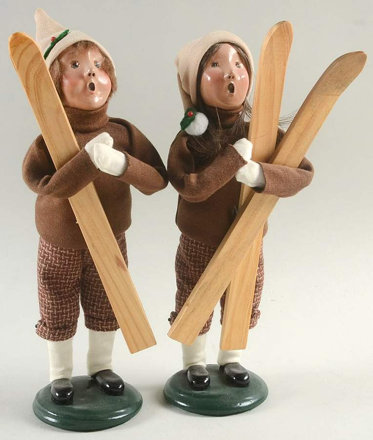 Winter Outdoor Activities Boy & Girl With Skis-Brown Coats - No Box by Byers' Choice Ltd-1