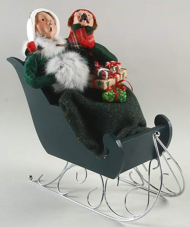Winter Outdoor Activities Couple In Sleigh-Green Blanket - No Box by Byers' Choice Ltd-1