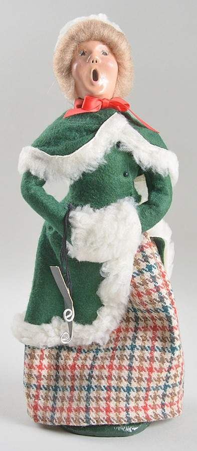 Winter Outdoor Activities Woman With Skates-Green Fur Lined Coat - No Box by Byers' Choice Ltd-1