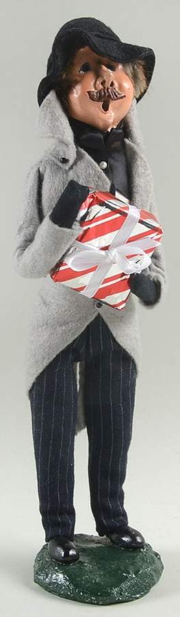 Victorian Assorted Carolers Mustache Man With Gift-Grey - No Box by Byers' Choice Ltd-1