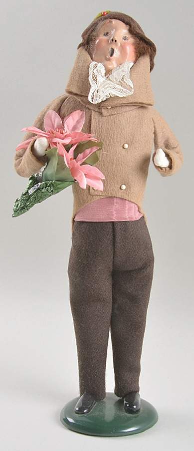 Victorian Assorted Carolers Man With Pink Poinsettia-Brown Coat - No Box by Byers' Choice Ltd-1