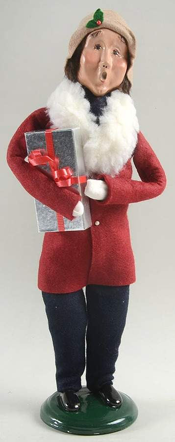 Victorian Assorted Carolers Man With Gift-Burgudy Fur Trimmed Coat - No Box by Byers' Choice Ltd-1