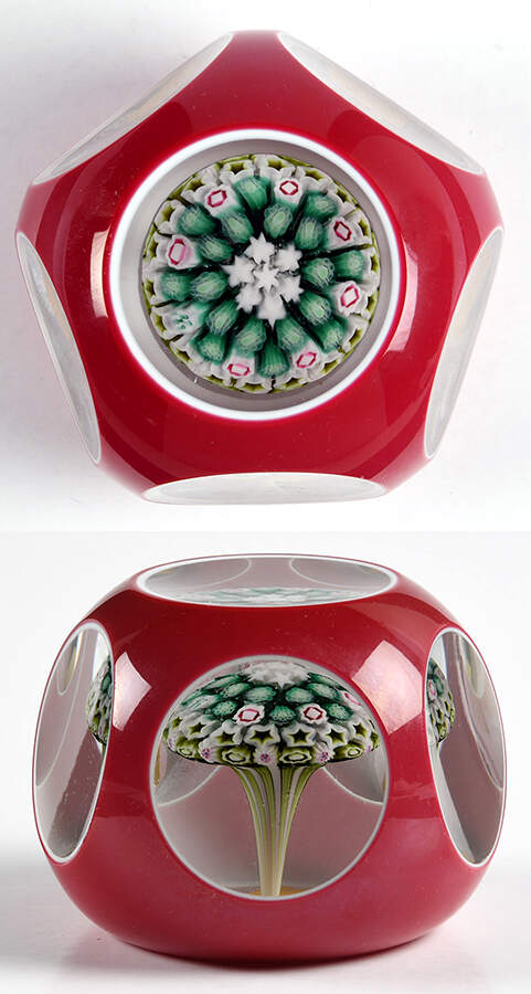 Millefiori Cane Paperweight Mushroom Red Overlay - Boxed by Baccarat-1
