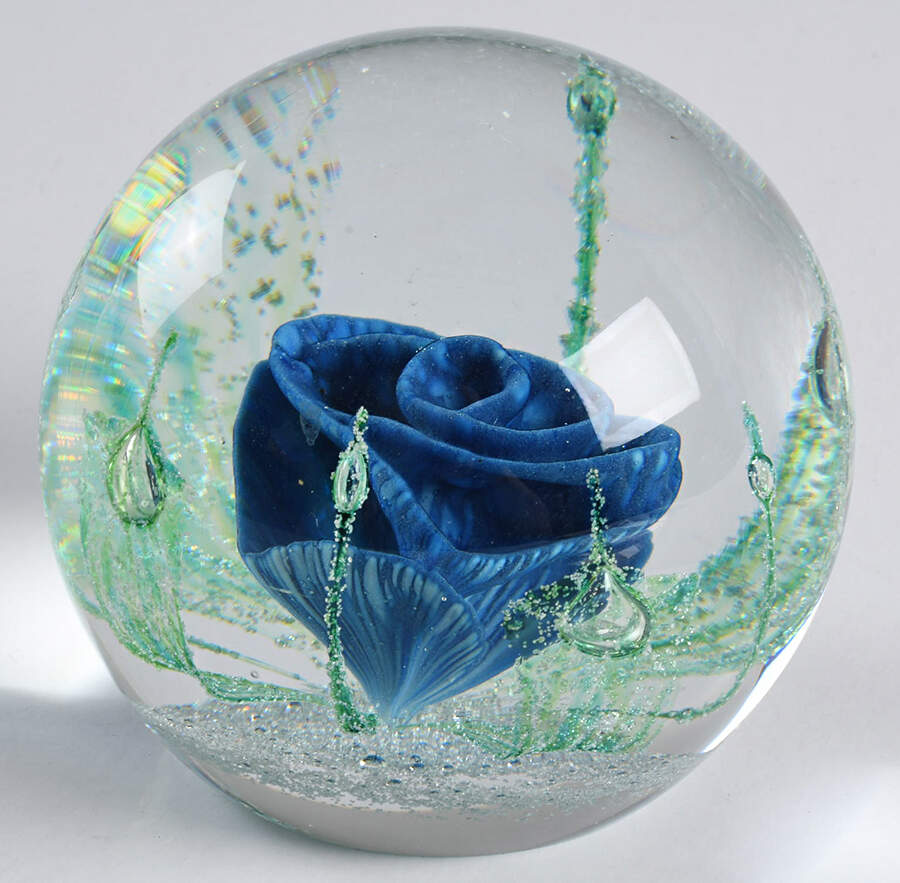 Caithness Paperweight Indigo-Blue Rose, Green Leaves - Nb780, No Box by Caithness-1