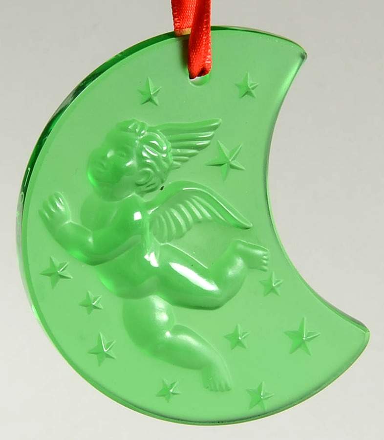 Lalique Christmas Ornament Cherub On Moon Shape-Green - Boxed by Lalique-1