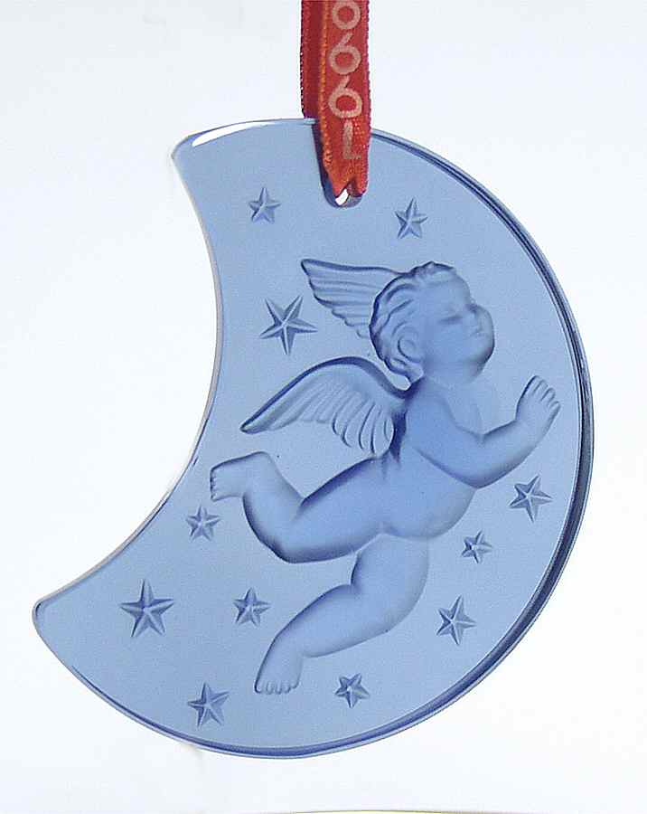 Lalique Christmas Ornament Cherub On Moon Shape-Blue - Boxed by Lalique-1