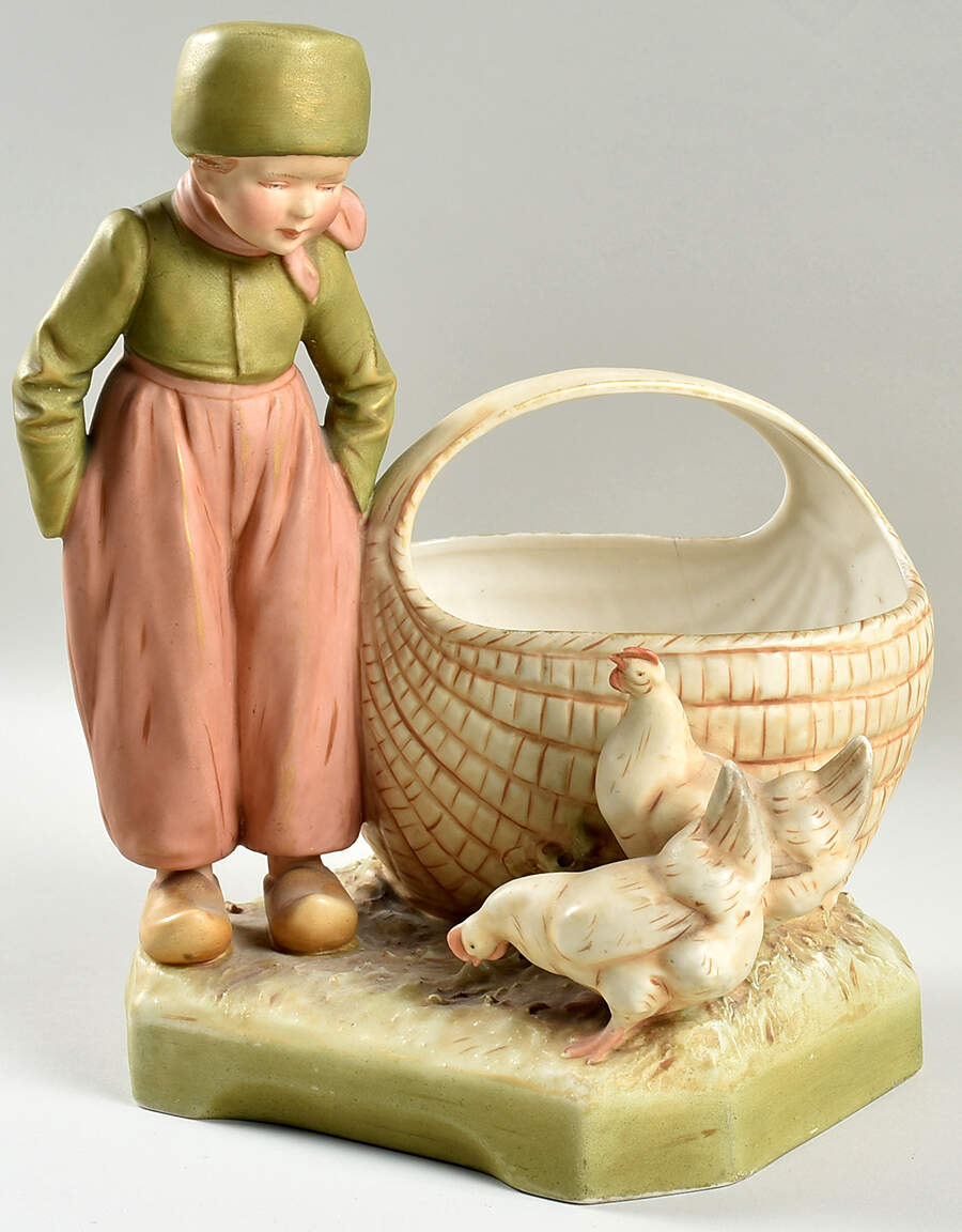 Royal Dux Figurine (Older Mark) Dutch Boy With Basket,Chickens   - No Box by Royal Dux-1