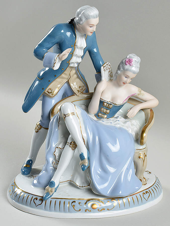Royal Dux Figurine (Older Mark) Man Talking To Woman With Fan - No Box by Royal Dux-1