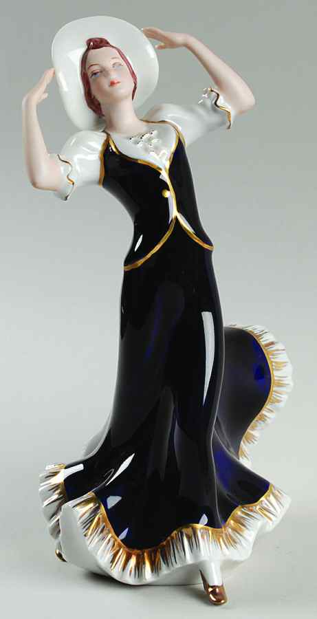 Royal Dux Figurine (Older Mark) Lady In Blue Dress Hat On Head - No Box by Royal Dux-1