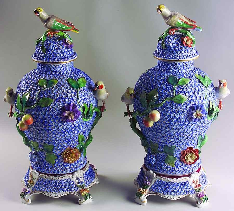 Saxonian Dresden Figurines Birds & Flowers Urn Pair With Lids - No Box by Saxonian-1
