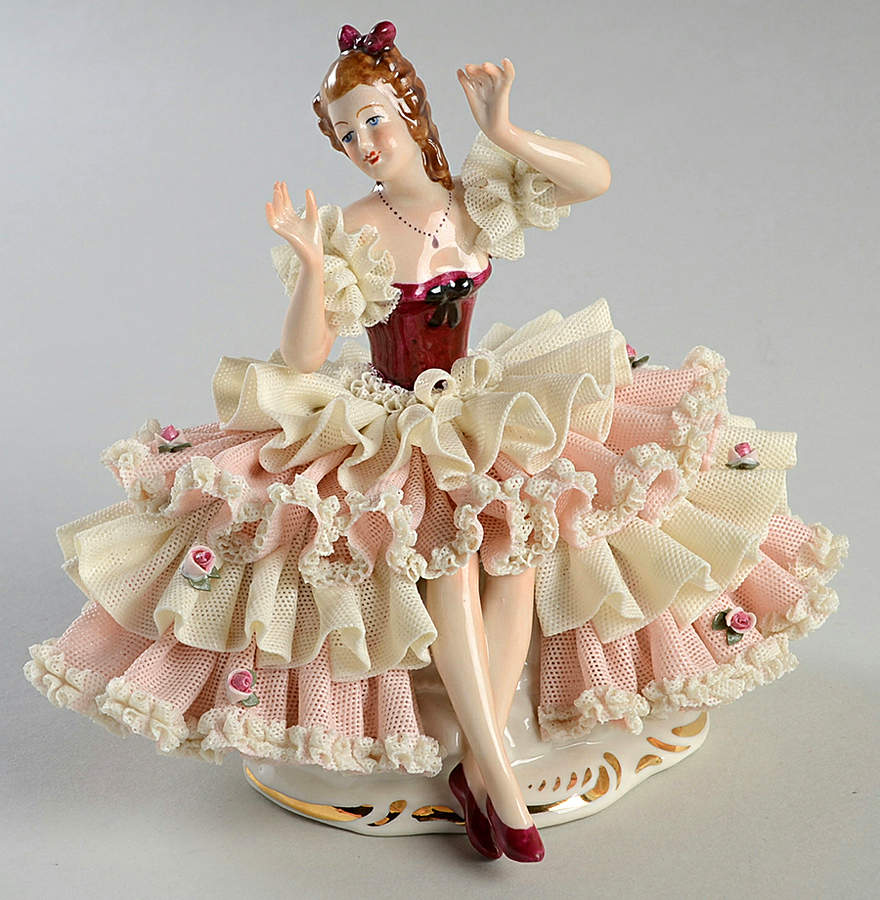 Dresden Figurines Lady Sitting With Hands Up - No Box by Dresden (German)-1