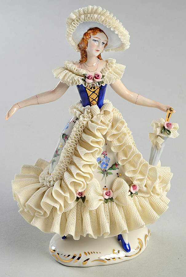 Dresden Figurines Lady With Umbrella-Blue Vest - No Box by Dresden (German)-1