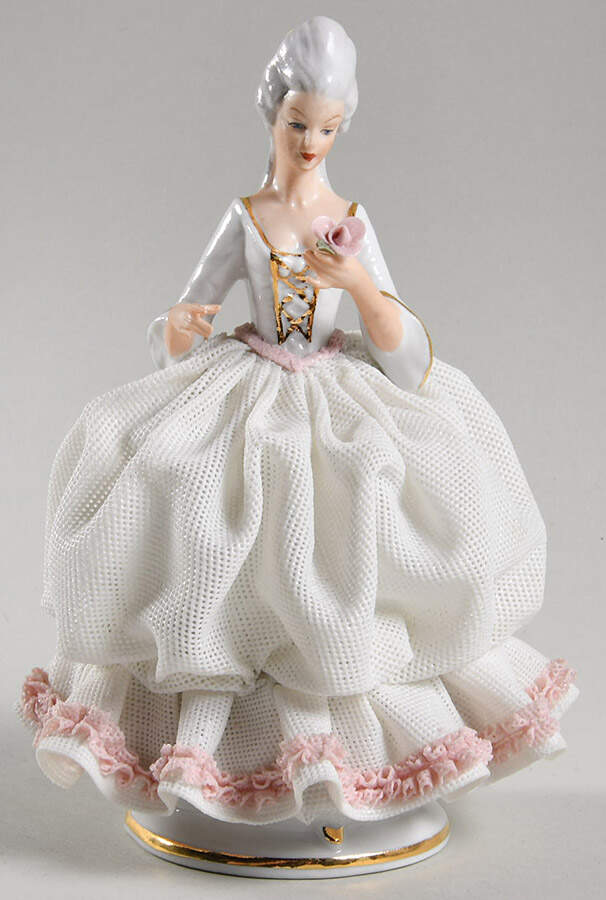 Dresden Figurines Lady With White Dress-Pink Flower - No Box by Dresden (German)-1