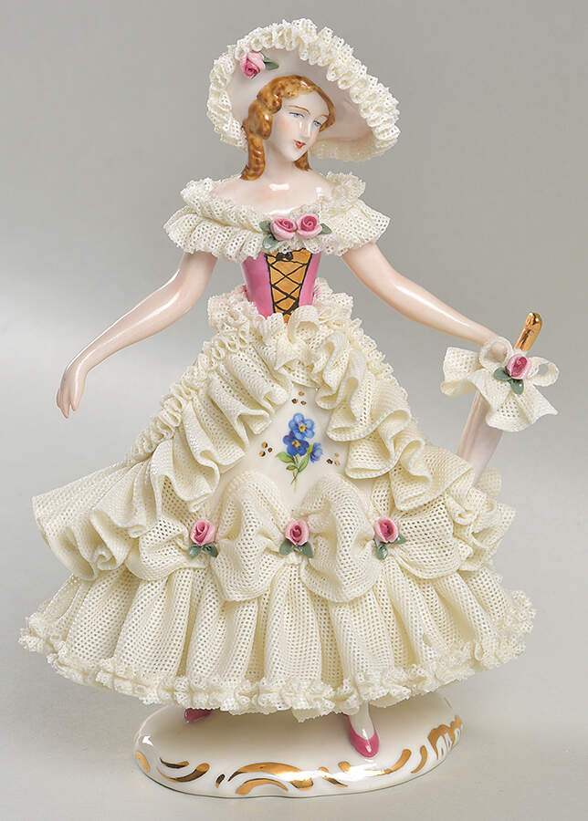 Dresden Figurines Lady W/ Umbrella-Pink Dress/Blue Flower - No Box by Dresden (German)-1