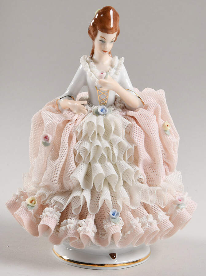 Dresden Figurines Lady In Pink Floral Dress - No Box by Dresden (German)-1