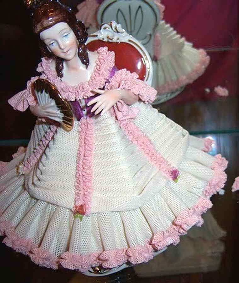 Dresden Figurines Lady In Chair W/Fan - No Box by Dresden (German)-1