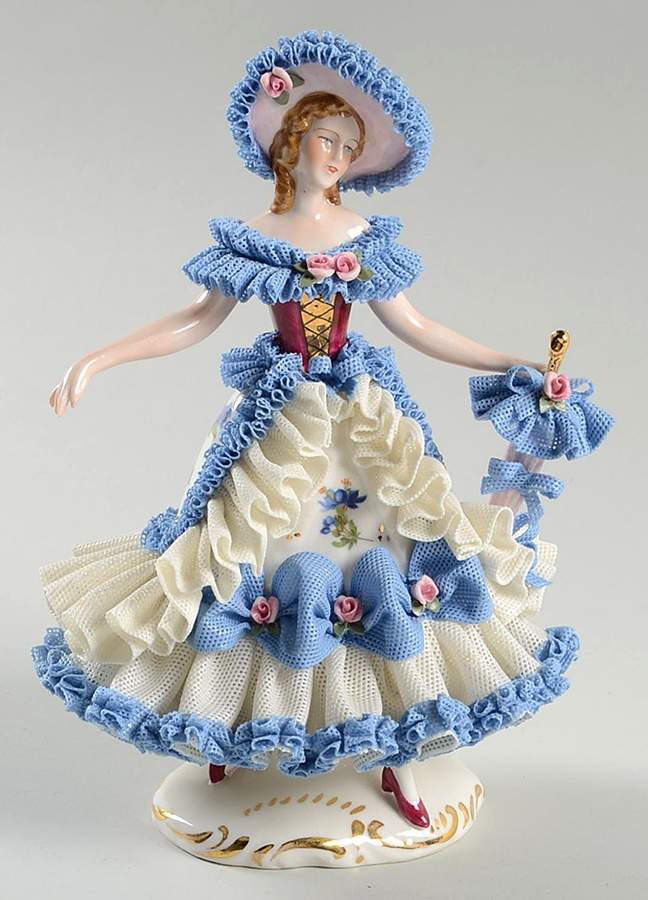 Dresden Figurines Lady With Umbrella-Blue - No Box by Dresden (German)-1