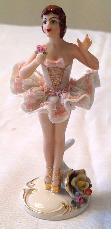 Dresden Figurines Ballerina W/ Flower - No Box by Dresden (German)-1