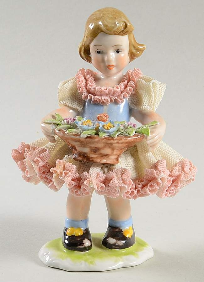 Dresden Figurines Girl Holding Basket Of Flowers - No Box by Dresden (German)-1