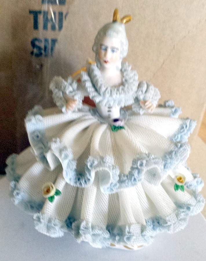 Dresden Figurines Victorian Lady In Blue/White Dress - No Box by Dresden (German)-1