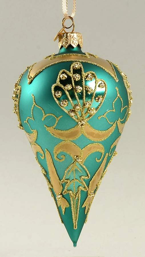 Blown Glass Ornaments Green With Gold-Pear Shape - Boxed by Department 56-1