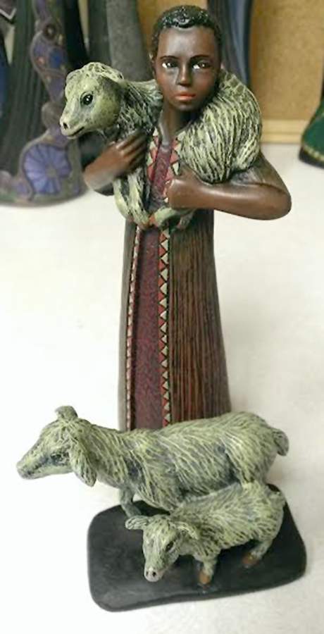 Mahogany Miracle Nativity Shepherd Boy W/ Lambs-Set Of 2 - Boxed by Enesco-1