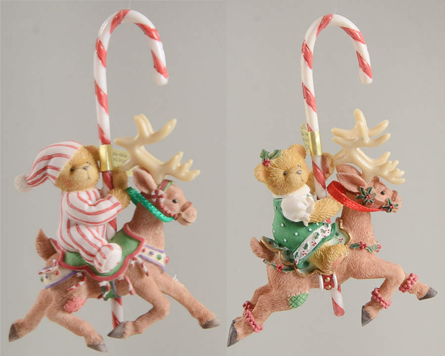 Cherished Teddies Ornament Set Of 2 Boy/Girl On Reindeer W/Candyca - Boxed by Enesco-1