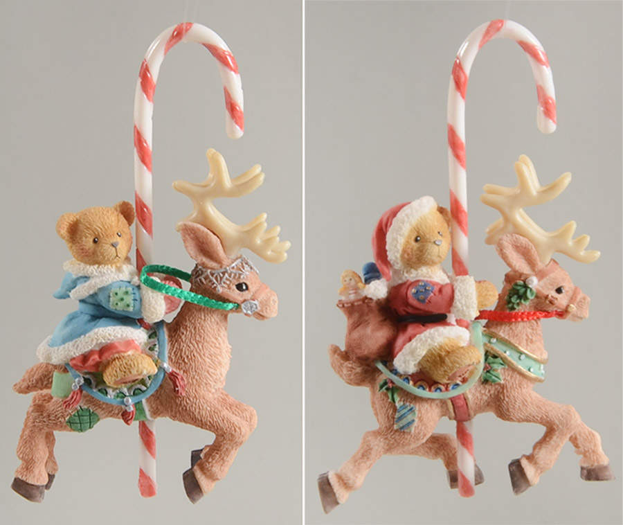 Cherished Teddies Ornament Set Of 2 Boy/Girl On Reindeer W/Candyca - Boxed by Enesco-1