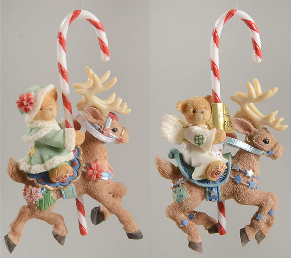 Cherished Teddies Ornament Set Of 2 Boy/Girl On Reindeer W/Candyca - Boxed by Enesco-1