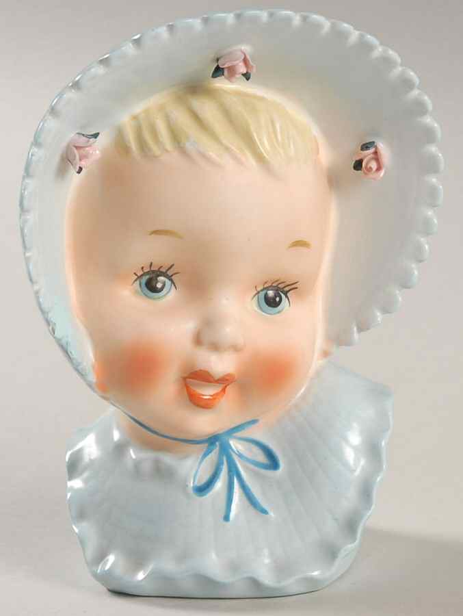 Enesco Head Vases Baby Blue 3 Pink Roses On Hat - No Box by Enesco-1