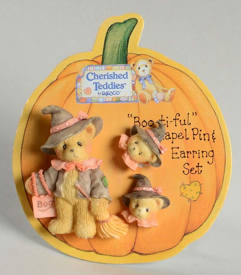 Cherished Teddies Jewelry Boo-Ti-Ful Lapel Pin And Earring Set - No Box by Enesco-1