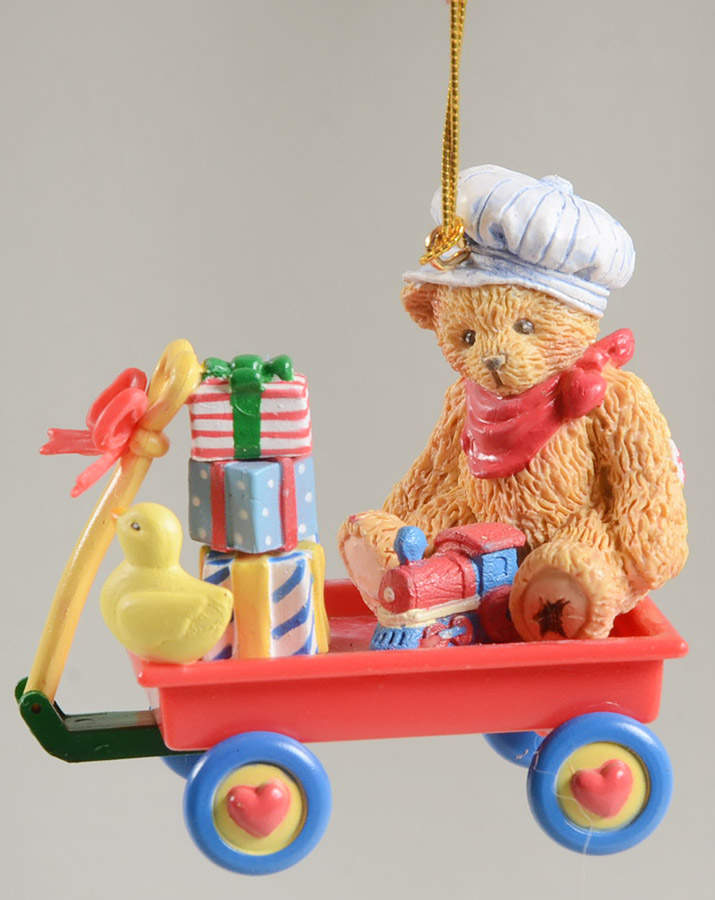 Cherished Teddies Holiday Ornaments Boy Bear On Wagon  - Boxed by Enesco-1