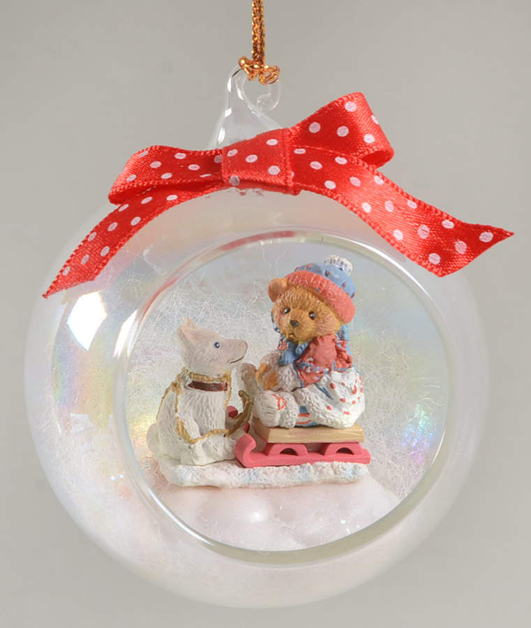 Cherished Teddies Glass Holiday Ornaments Bear On Sled With Dog  - Boxed by Enesco-1