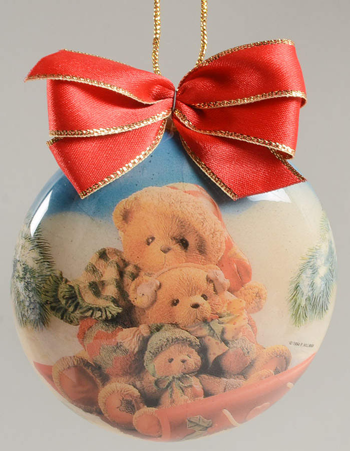 Cherished Teddies Glass Disk Ornaments Family Bears On Sled - Boxed by Enesco-1
