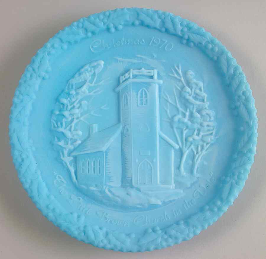 Fenton Christmas Plate-Blue Satin Glass Little Brown Church In Vale - No Box by Fenton-1