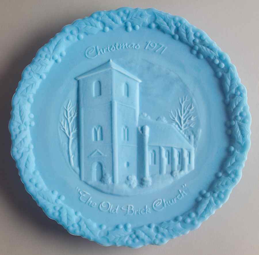 Fenton Christmas Plate-Blue Satin Glass Old Brick Church - Boxed by Fenton-1