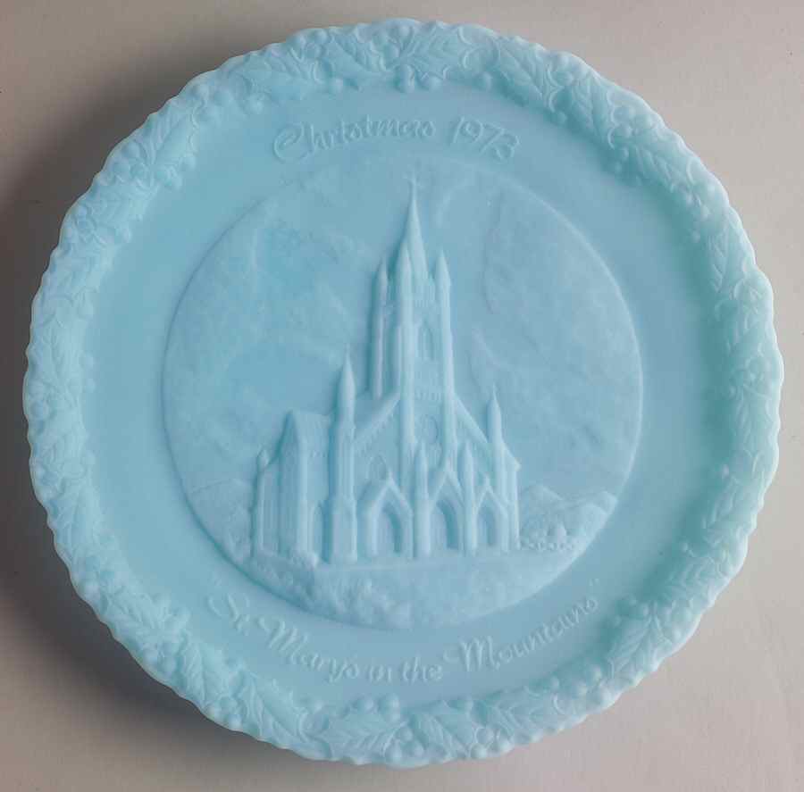Fenton Christmas Plate-Blue Satin Glass Saint Mary's Mountains - Boxed by Fenton-1