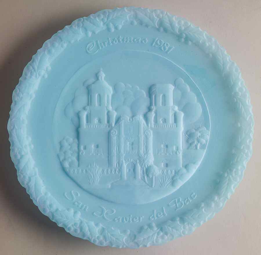 Fenton Christmas Plate-Blue Satin Glass Mission Of San Xavier Del Bac - Boxed by Fenton-1