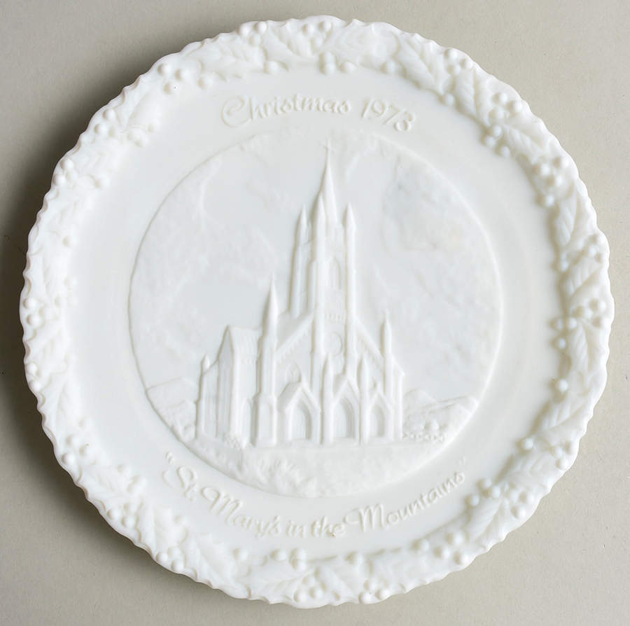 Fenton Christmas Plate-White Satin Glass Saint Mary's Mountains - Boxed by Fenton-1