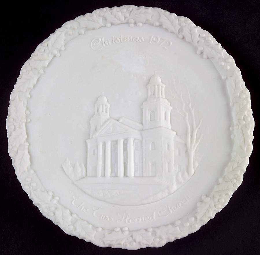 Fenton Christmas Plate-White Satin Glass Two Horned Church - No Box by Fenton-1